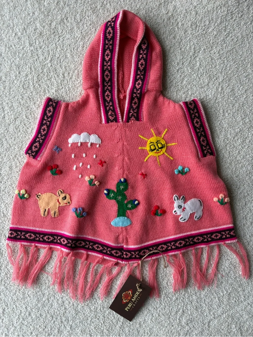 Peruvian Hand Embroidered Kids Hooded Poncho
